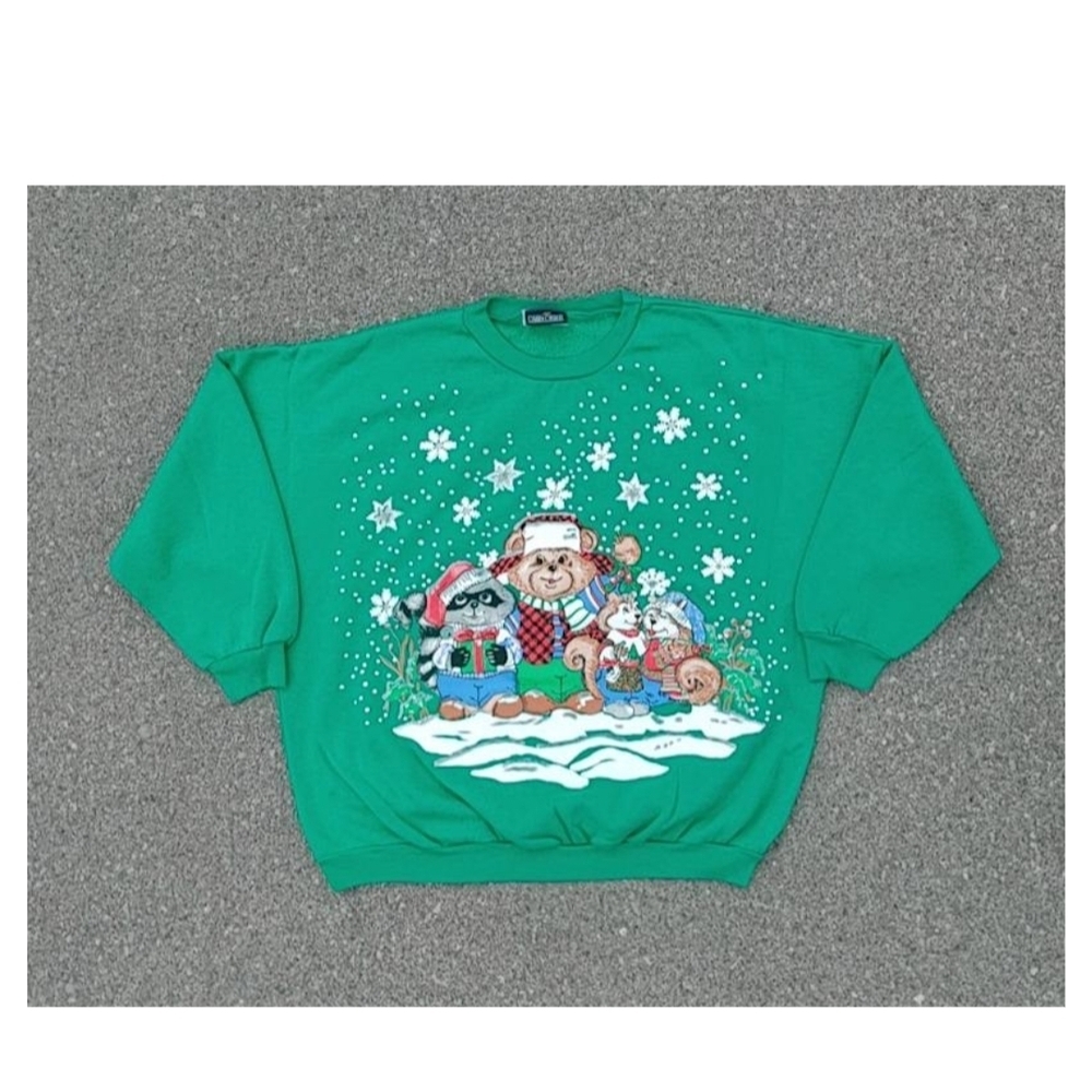 Vtg 1980s Animals Christmas All Over Print Crew Neck Cabin Creek Oversized Drop